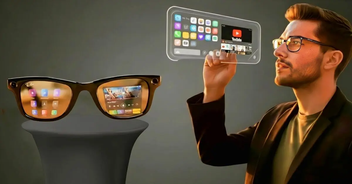 Smart glasses displaying digital interface.